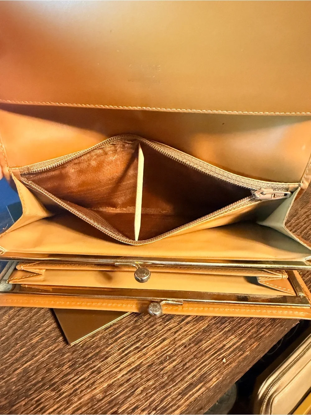 Celine Beige Tan Triomphe Macadam Kiss-lock Wallet with Gold Logo